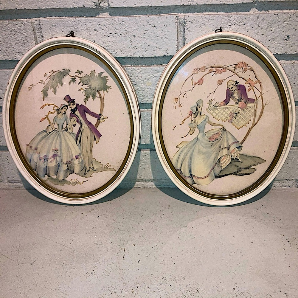 Vintage 2 Maude Eggemeyer Victorian courting couple prints in Oval frames